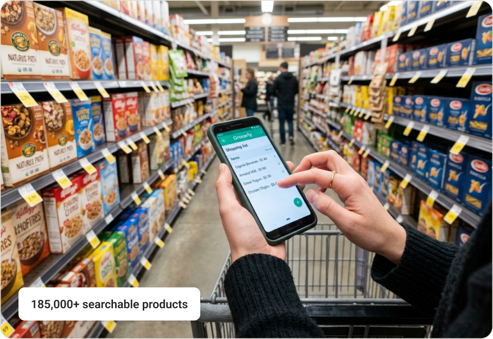 Supermarket aisle, close on hands and a phone